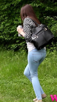Desperate Brunette Feels Her Bladder so Full She Is in Danger of Pissing in Her Jeans in the Woods