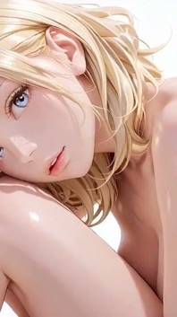 Déesse blonde en rouge et blanc ! Elle s’agenouille, se caresse la poitrine et se regarde en arrière dans une salle blanche pure.