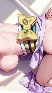 La matinée privée d’une fille en kimono aux cheveux verts ! Yukata violette légèrement humide et s’agenouille sur le lit dans une chambre japonaise