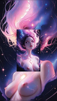 Zeița visului cosmic femeie goală care plutește în peisajul fantastic suprareal al scenei de artă