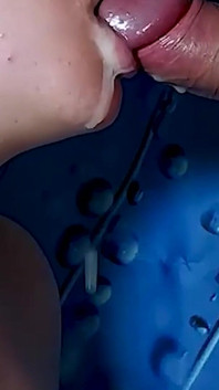 Cum Stream Fills Mouth. Lot Cum Flows From Mouth.