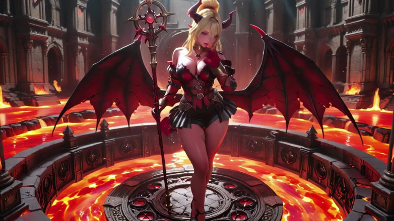 Seraphina Vale: Lava Throne! सुनहरे बालों वाली दानव रानी घुटने टेकती है और अपने पंख फैलाती है, आलसी चिढ़ाती है।