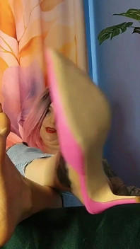 Lady Angela One Shoe Jerk off Encouragement Blue Jeans High Heel Slides