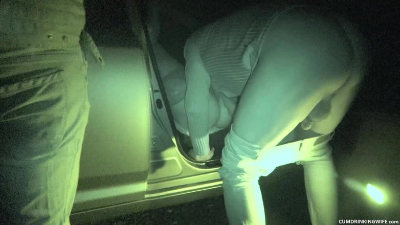 Cumdrinking Wife: Parking Lot Gangbang Filmed with Nightshot Cam