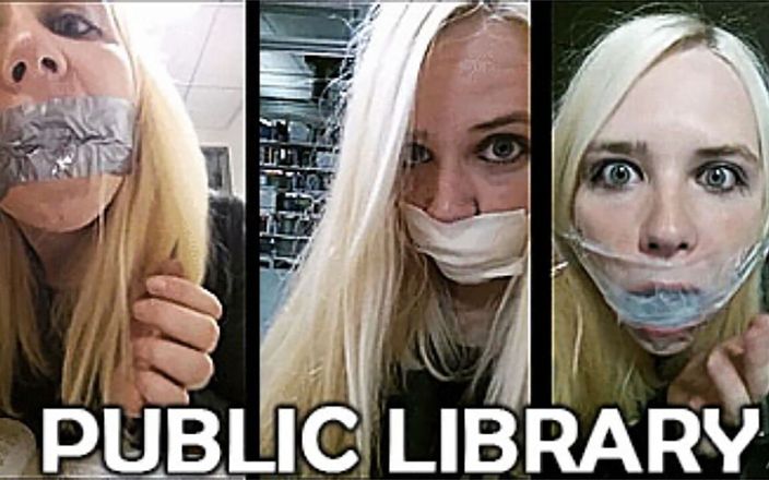 Selfgags classic: Блондинка с самостоятельным кляпом в публичной библиотеке