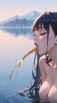 Une superbe G/G aux cheveux azur se trouve nue dans un paisible lac Wintry, entouré par un puissant vortex de sensualité