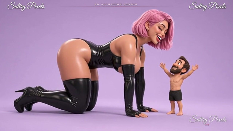 Sultry Pixels 3D: Różowowłosa lateksowa kochanka indeksuje się na długi pocałunek ze swoim...