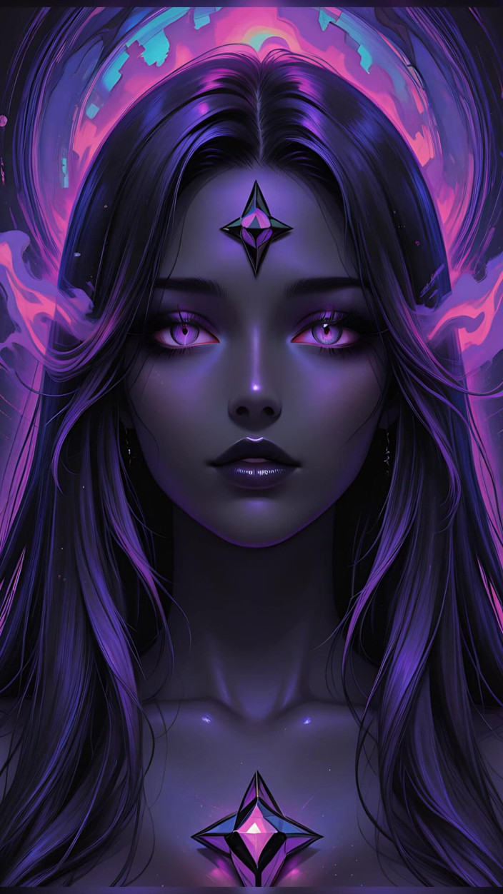 VelvetInk Studio: Diosa cósmica mística con ojos violetas brillantes - dark fantasy - ai...