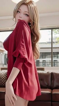 Blonde Boss in Red! Lazy on the Leather Sofa