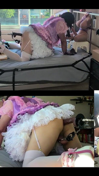Rosa cetim maricas empregada é fodida por sua máquina de foder e brinca com sua boneca de brinquedo sexual