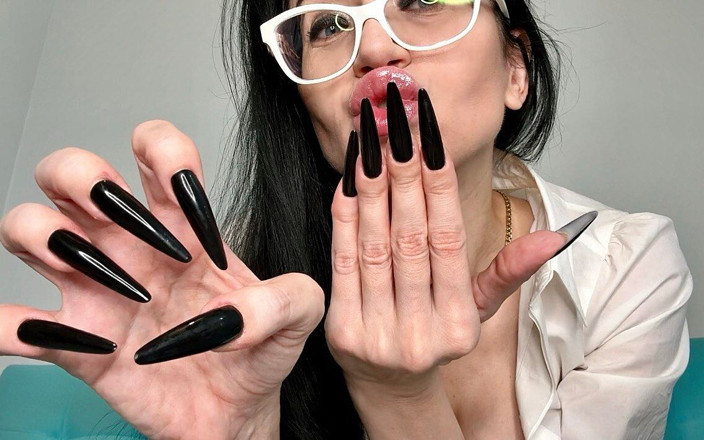 Julia domaina: Long Black Nails and Hot Outfit with Lingerie, Black Stockings,...
