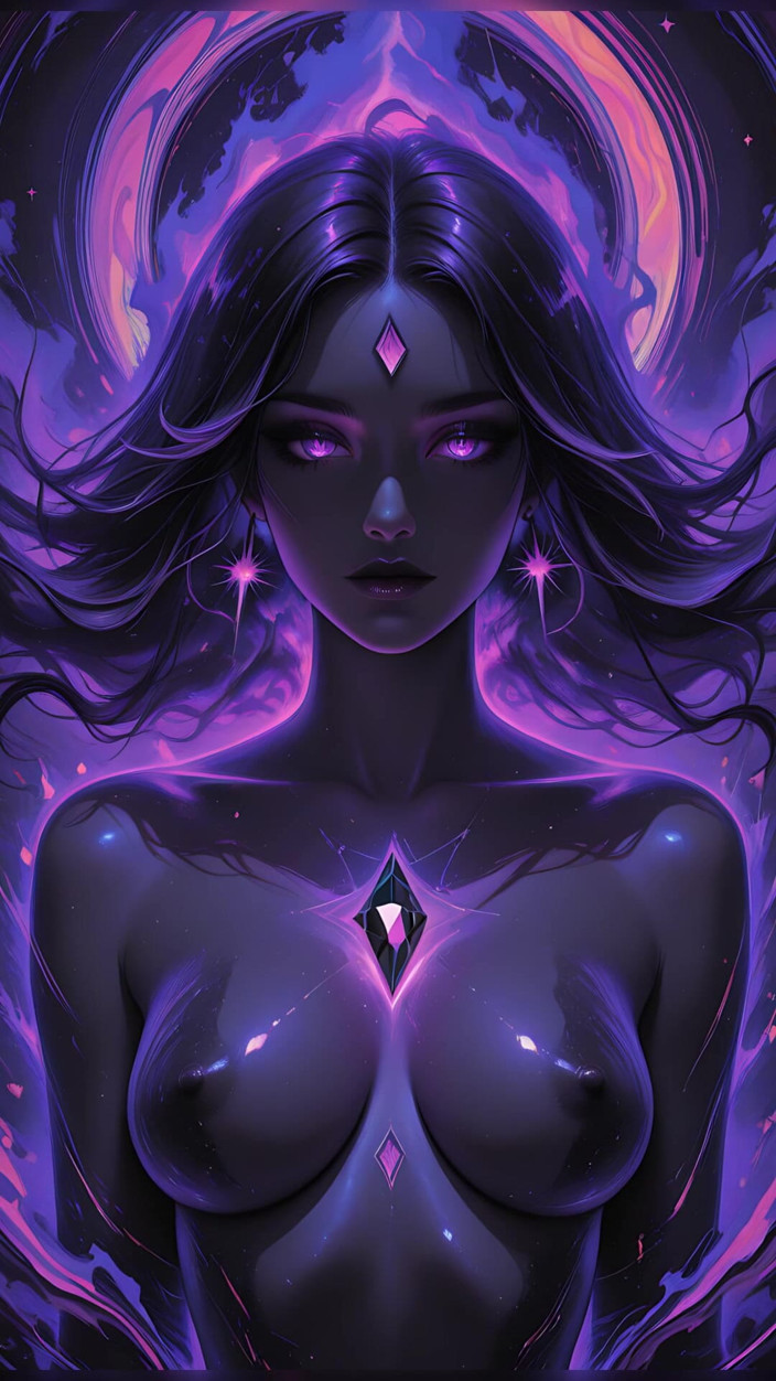 VelvetInk Studio: Dea cosmica mystic con incandescente viola occhi fantasia scura ai...