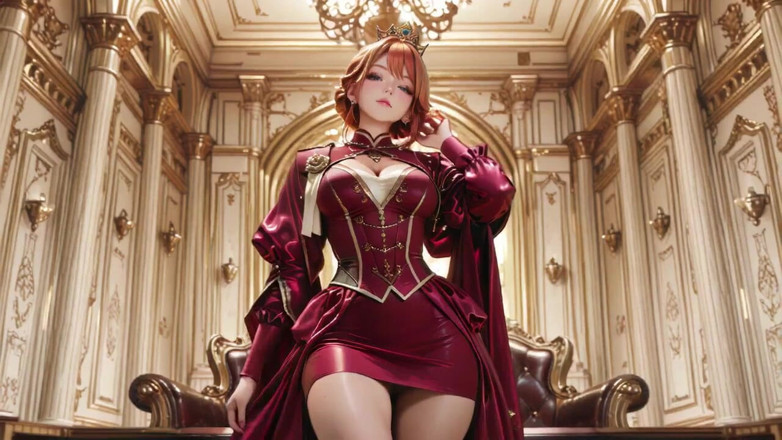 Seraphina Vale: Regina rossa sul Troni d'Oro! Abito profondo di velluto, pigro...