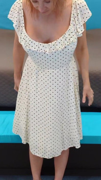 White Dress with Black Polka Dots & Black and Wood High Heels