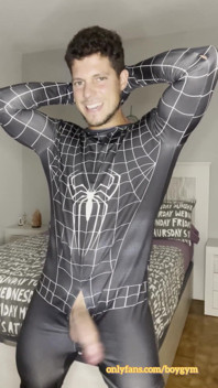 Big Cumshot with My Big Cock and No Hands! Spiderman Outfit