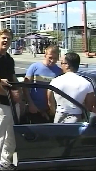 Thumbnail of Amateur Redhead Slut Sucks and Fucks Three Big Amateur Cocks in Public