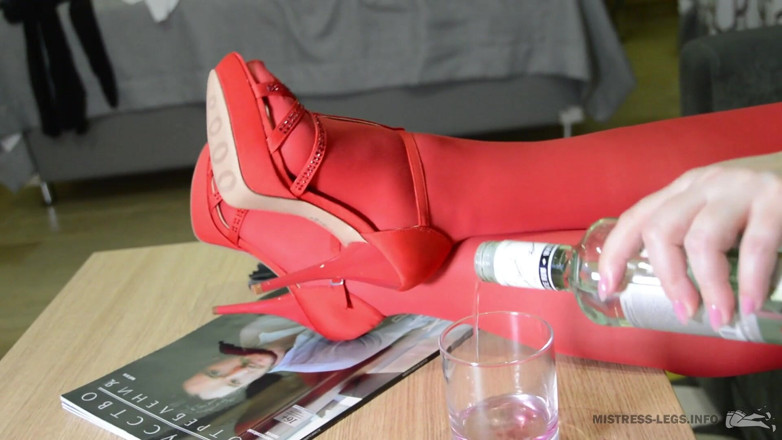 Mistress Legs: Lick my red nylon soles, slave