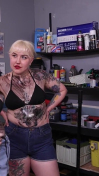 Cuckold Chastised Customer in Lesbian Garage