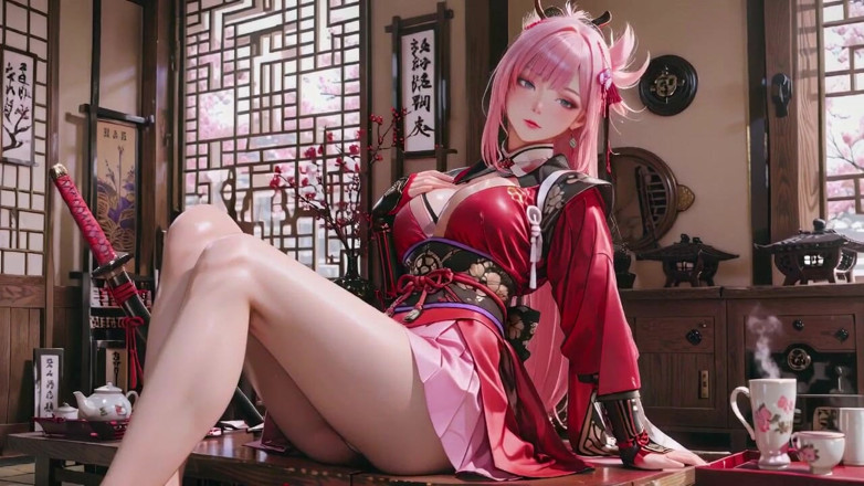 Seraphina Vale: Kızıl samuray! Pembe saçlı savaşçı tatami'nin üzerinde diz çöküyor, yüksek yarıklı kimono...