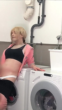 Fucked by Neighbor in Laundry Room! Hot Tranny Sex!! Double Cumshot!
