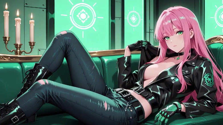 Tay Swift X: Pink-haired Leather Tech! Private Vibes in a Neon-lit Cyber Corridor.