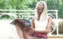 Pantyhose me porn videos: Petite blonde on park bench in pantyhose pussy action