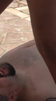 Chubby Short Haired Tattooed Babe Pisses in POV in a Guys Mouth