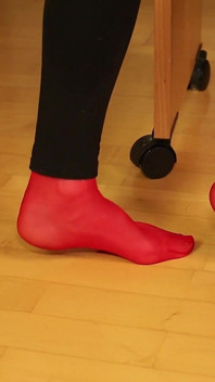 Peeptoe Dangling in Red Stockings & Black Leggings