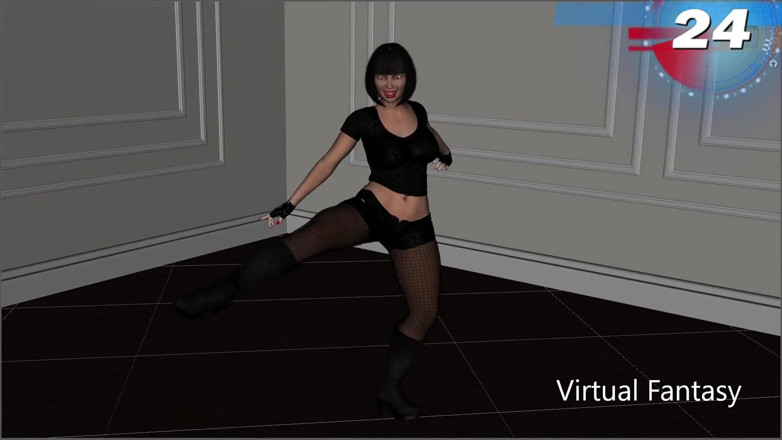 Virtual fantasy studio: Sexy menina 3D dançando em clubwear preto e bodysuit.