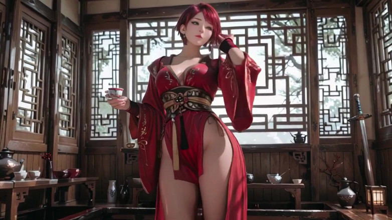 Seraphina Vale: สาวใช้สงครามผมสีม่วงในชุดกิโมโนร่องสูง คุกเข่าหยอกล้อตาด้วยการเฆี่ยนอย่างเร่าเย็นและกระซิบเปียกต้องห้าม