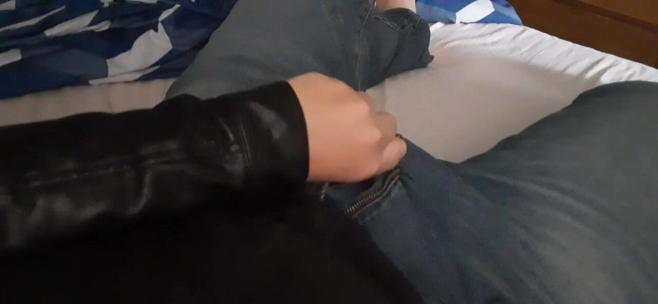 Rusty Sunnybrook: Collared Fag Cums on Leather Jacket