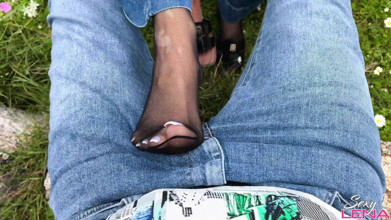 Greek Mountain Wild Footjob with Sweaty Nylon Feet - Outdoor Cum on Soles