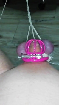 Sissy in Chastity CBT Balls Tied and Stretched Until They Turned Purple