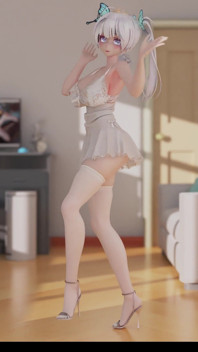 Faible play, combinaison de dentelle, mini-jupe, string blanc et soie, gros seins