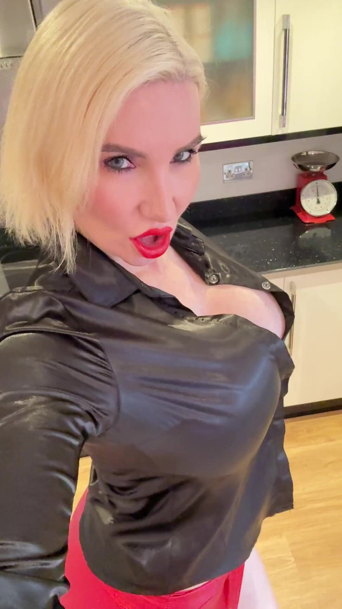Sophie James: Red Heels, Red Mini Skirt and Black Satin Blouse No...