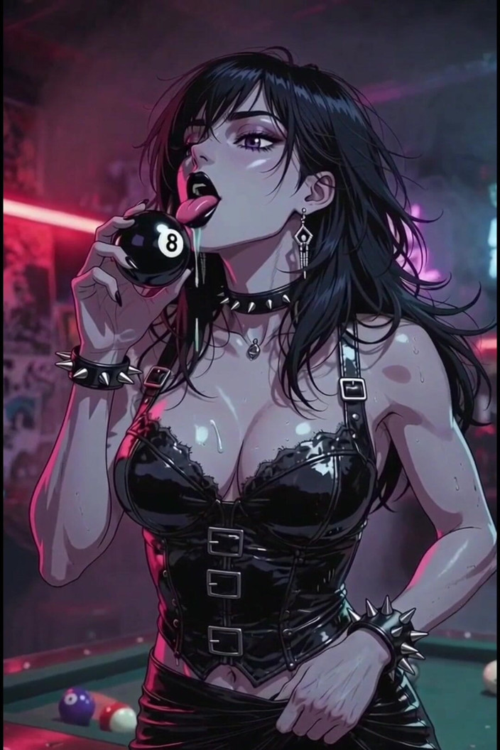 Wertstofsamler: Femme anime sombre dans un bar au billard, cuir rocker