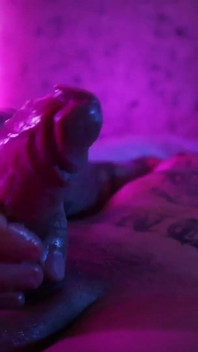 Hot Tattooed Twink Jerking His Big Uncut Cock with Oil and Shooting His Cum