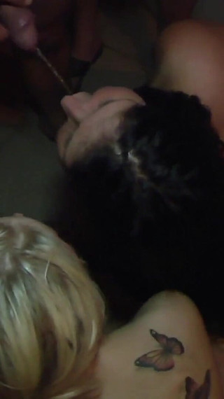 Thumbnail of Big Tittied Tattoed Blonde Babe and Black Haired Babe Get Goldenshowered by Many Guys in the Shower