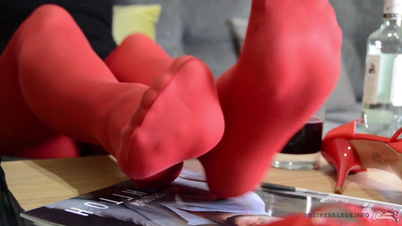 Mistress Legs: Lick my red nylon soles, slave