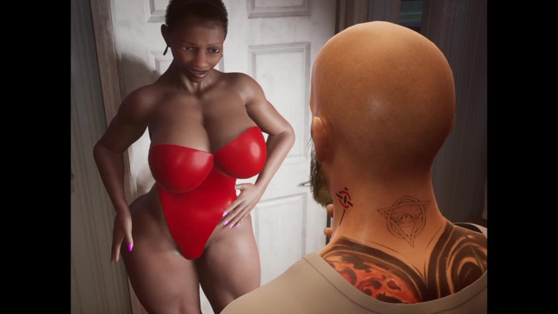 Denis animation: mörkhyad kvinna stora tuttar runda röv och smal tatoo man