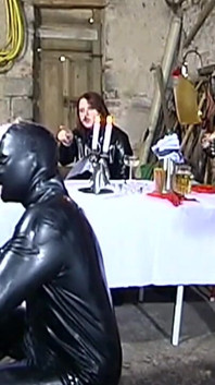 Elegant Latex Mistresses Tease Bound Rubber Slaves
