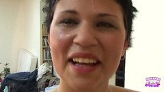 Huge Boobs MILF: Brunette with Short Hair and a Tattoo Sucks a Dick...