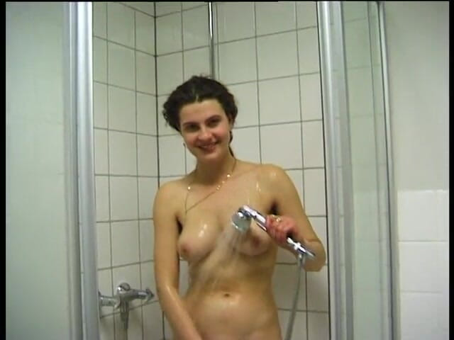 Lucky Cooch: Busty brunette is blowing hard dong in the bathroom