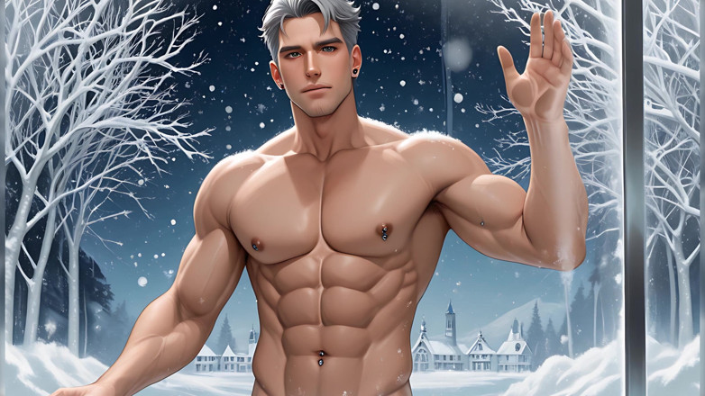 LustMen: Mature Silver Fox Model Standing Nude in Glass House Winter...
