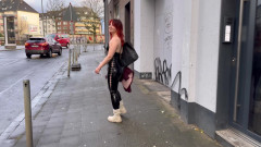 Exhibitionist Domme & Humiliated Sub: Queen Elena Flashes, Then Gags & Walks Sissy Femme Sandy