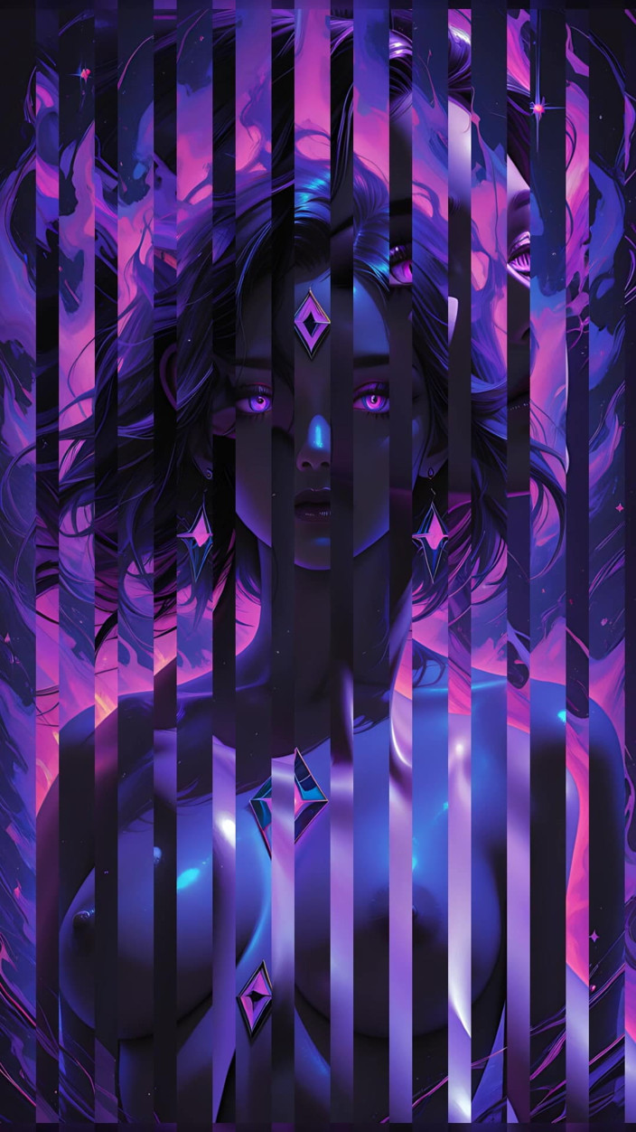 VelvetInk Studio: Deusa cósmica mística com olhos violetas brilhantes, fantasia escura, apresentação...