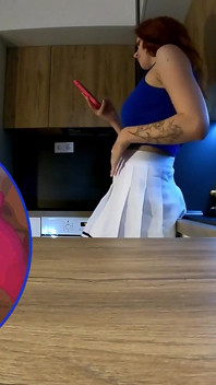 Hot and Horny Beautiful and Sexy Redhead Housewife Flashes Pussy and Ass by Taking Her Panties in the Kitchen