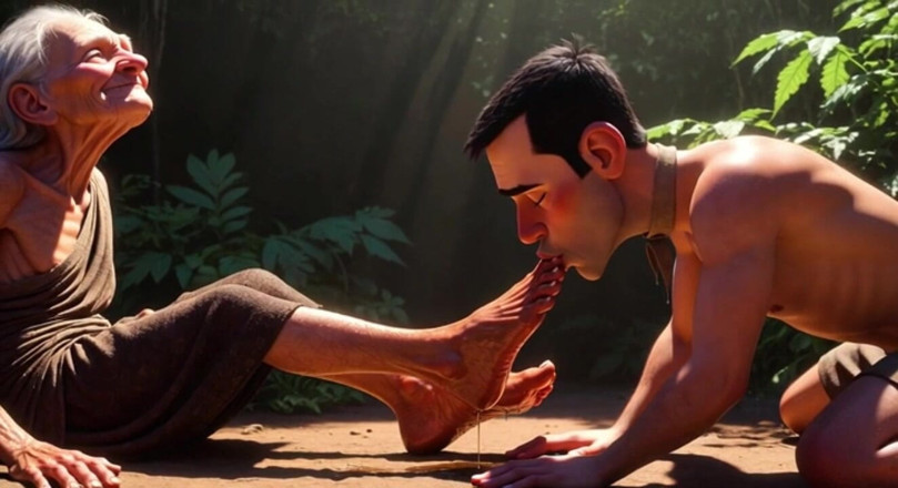 YOUR BEST FANTASY: Un homme soumis sert les pieds des femmes âgées dans une...