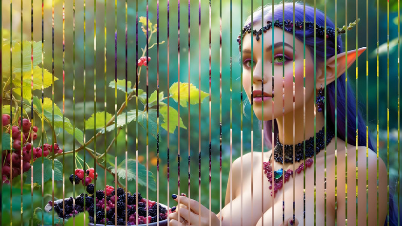 LustRender: Mooi naakt elfmeisje met grote borsten met zwarte bes