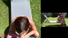 Les Gourmands: セクシーな白いランジェリーを着た美しいミルフが外でドギースタイルでセックスされ、大きなお尻に射精する